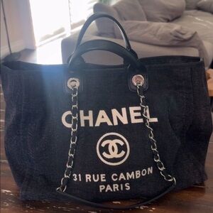 Dark Black/ Gray Denim Tote with Chain Detail and signature Logo, Like New